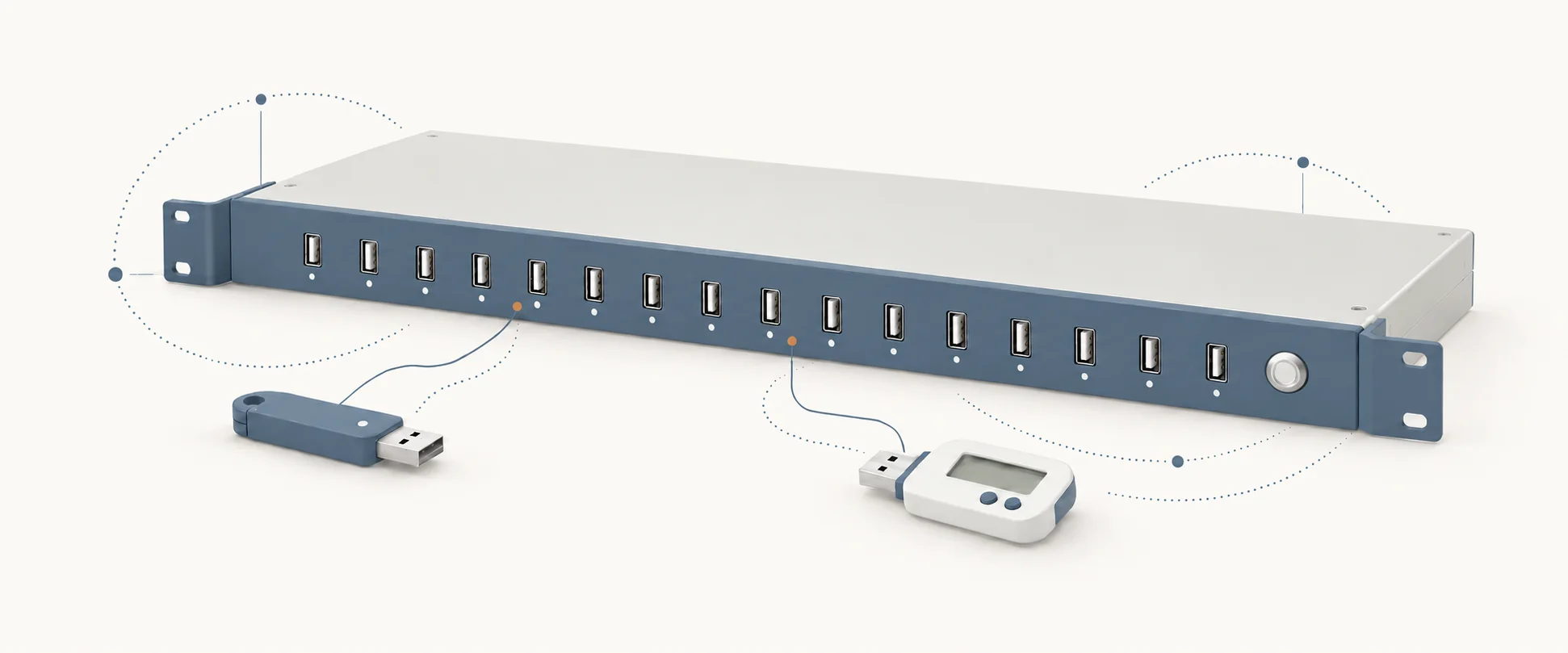 参考机架式实物结构的 USB Server 概念插画，搭配小尺寸 USB Key 与银行 U盾